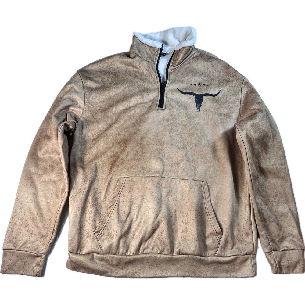 Mens Western Longhorn Skull Quarter Zip Fleece Pullover Tan XL Kangaroo Pocket - Picture 4 of 8